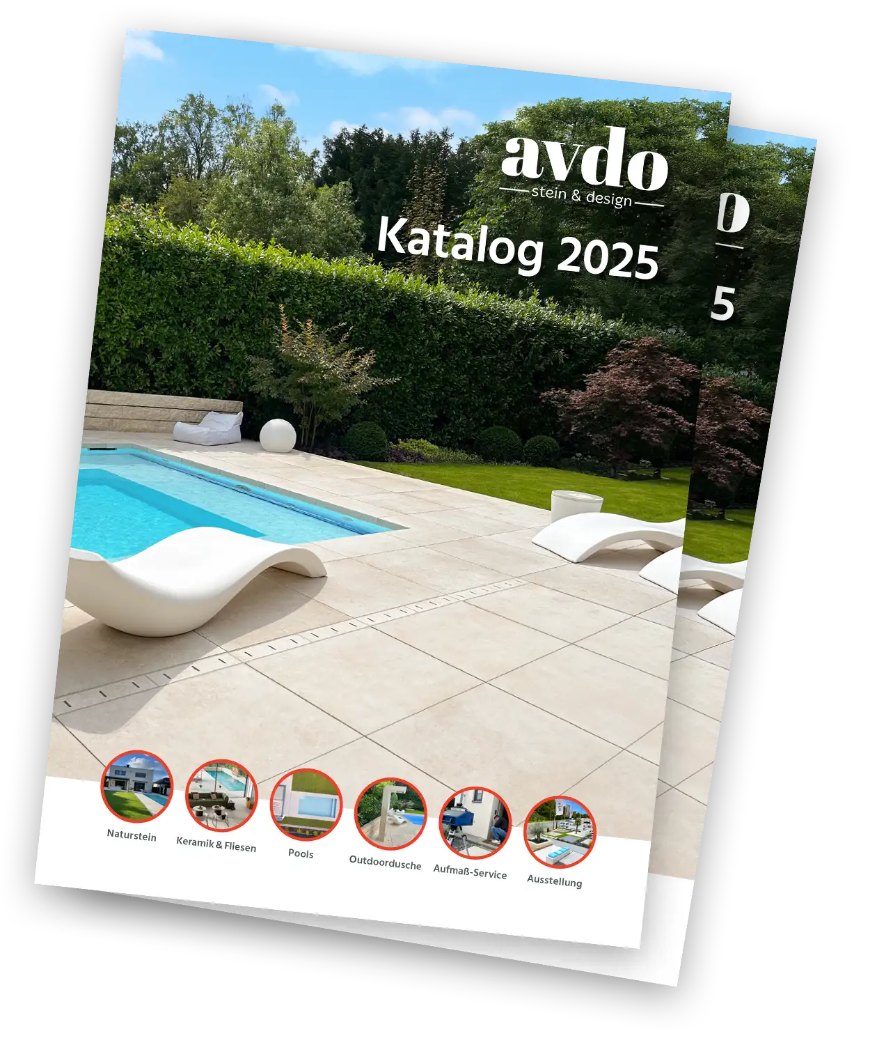 Katalog 2025 von avdo design mit verschiedenen Gesteinsarten, Pools und Gartengestaltung
