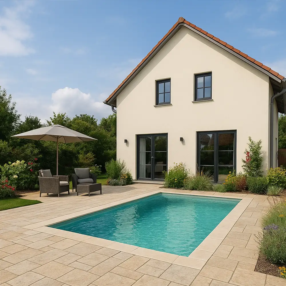 Moderner Garten mit Pool und Terrasse aus Natursteinplatten im Römischen Verband