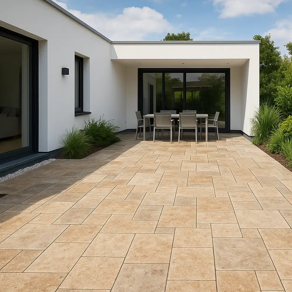 Terrasse mit hellen Fliesen im Römischen Verband an einem modernen Einfamilienhaus