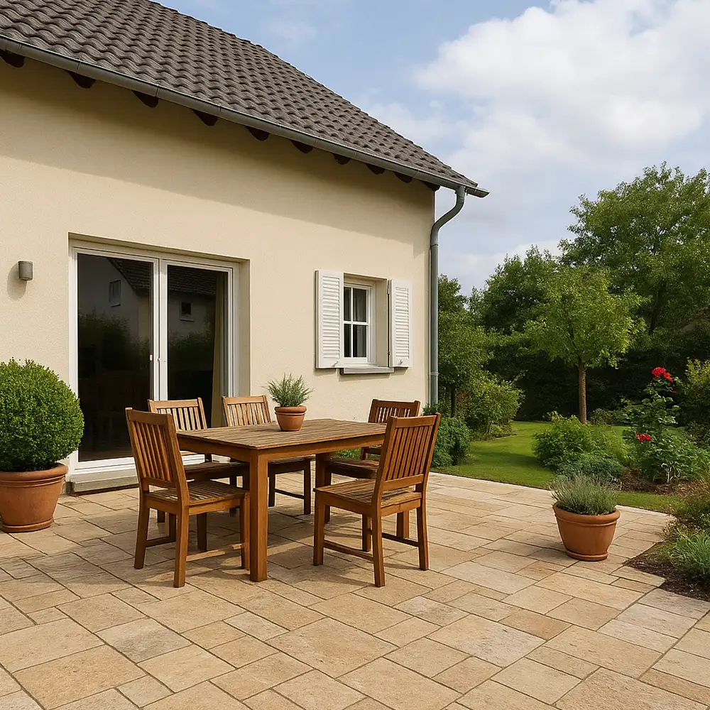 Terrasse mit Natursteinfliesen im Römischen Verband und Holz-Gartentisch vor einem Einfamilienhaus