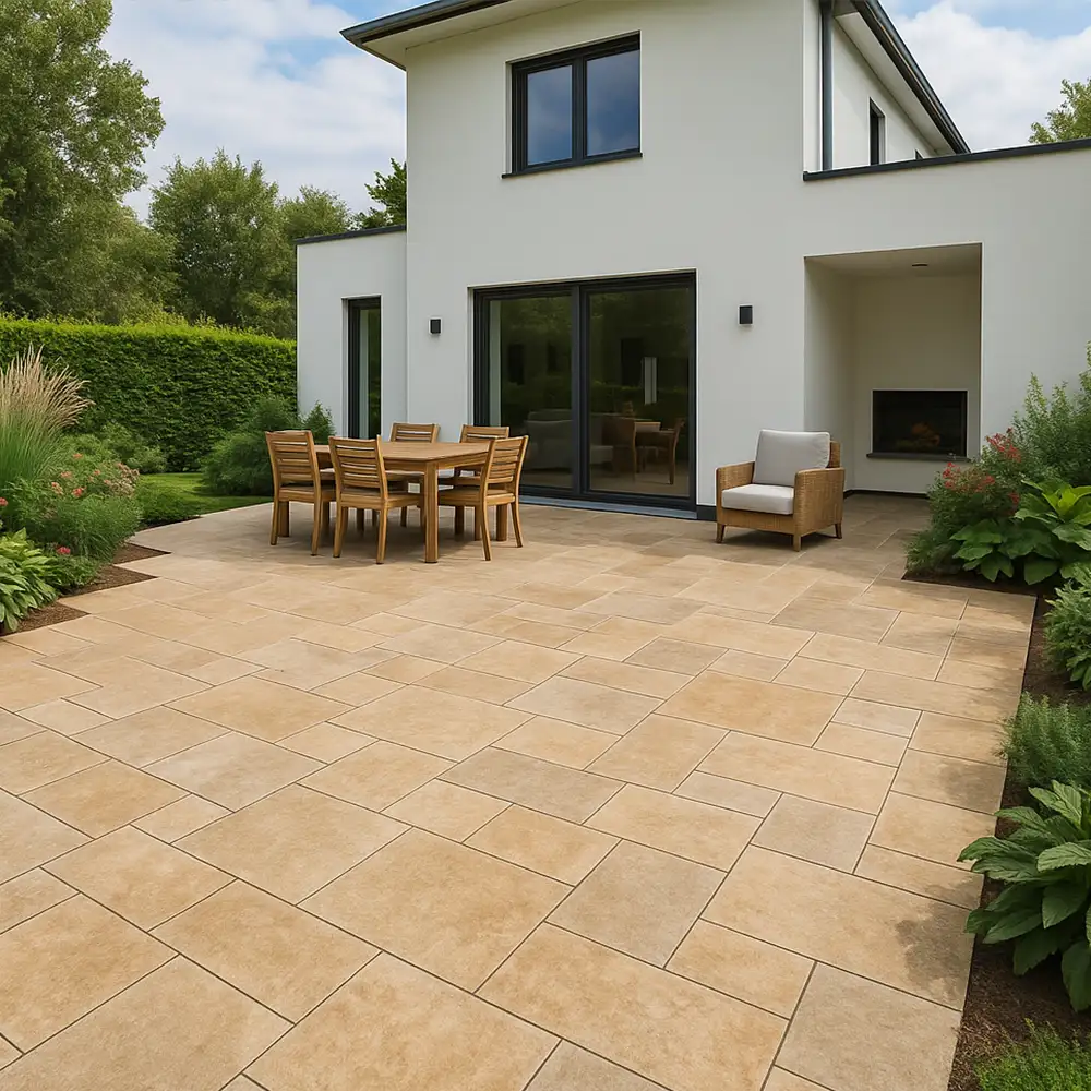 Terrasse mit beigen Keramikplatten im Römischen Verband und Holz-Gartenmöbeln vor modernem Haus