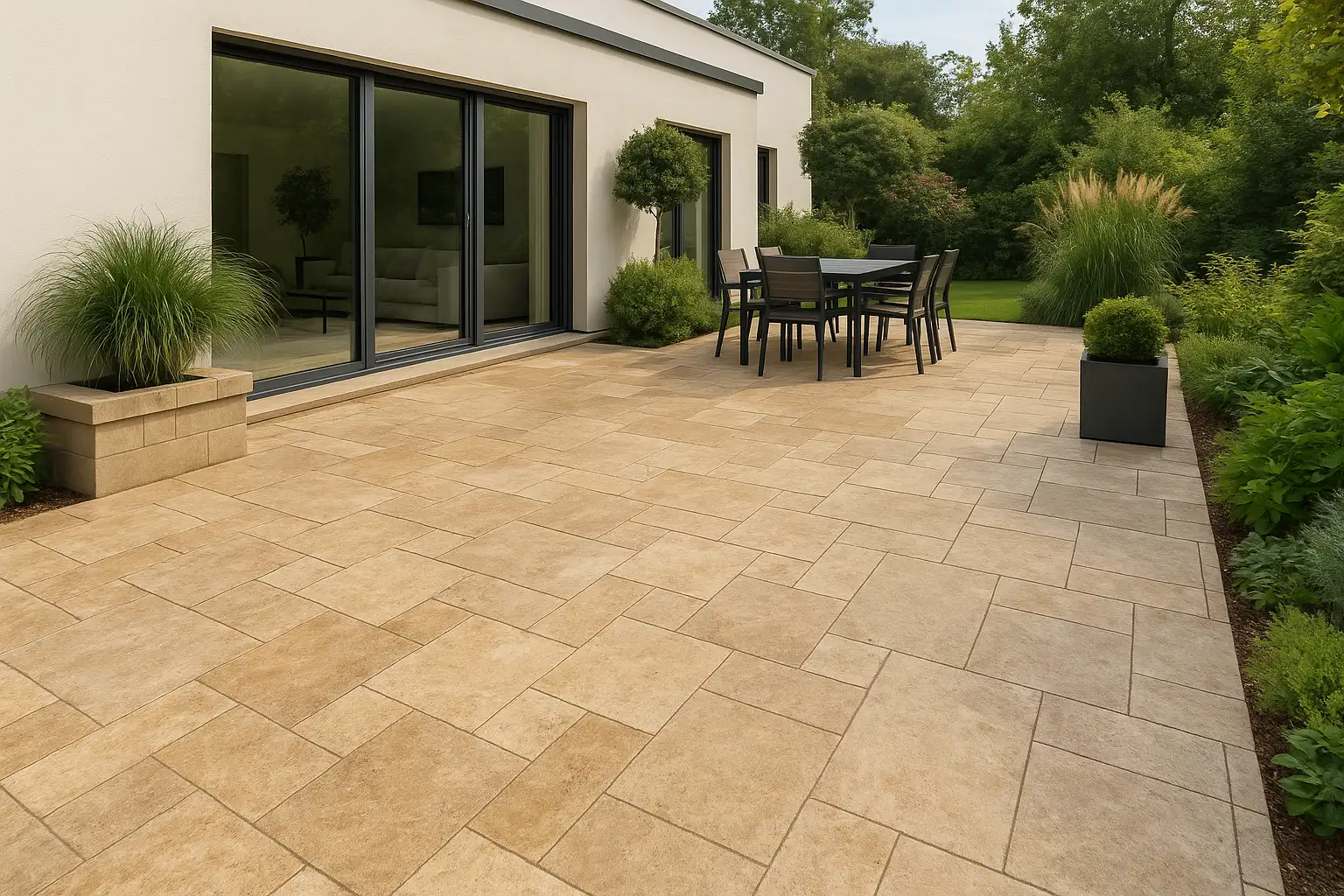 Terrasse mit beigefarbenen Keramikplatten im Römischen Verband vor modernem Wohnhaus mit Garten