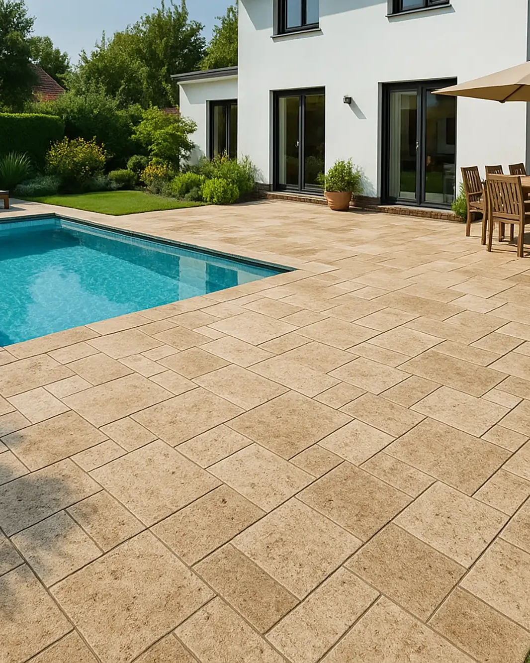 Terrasse mit Natursteinfliesen im Römischen Verband rund um Pool und Sitzbereich