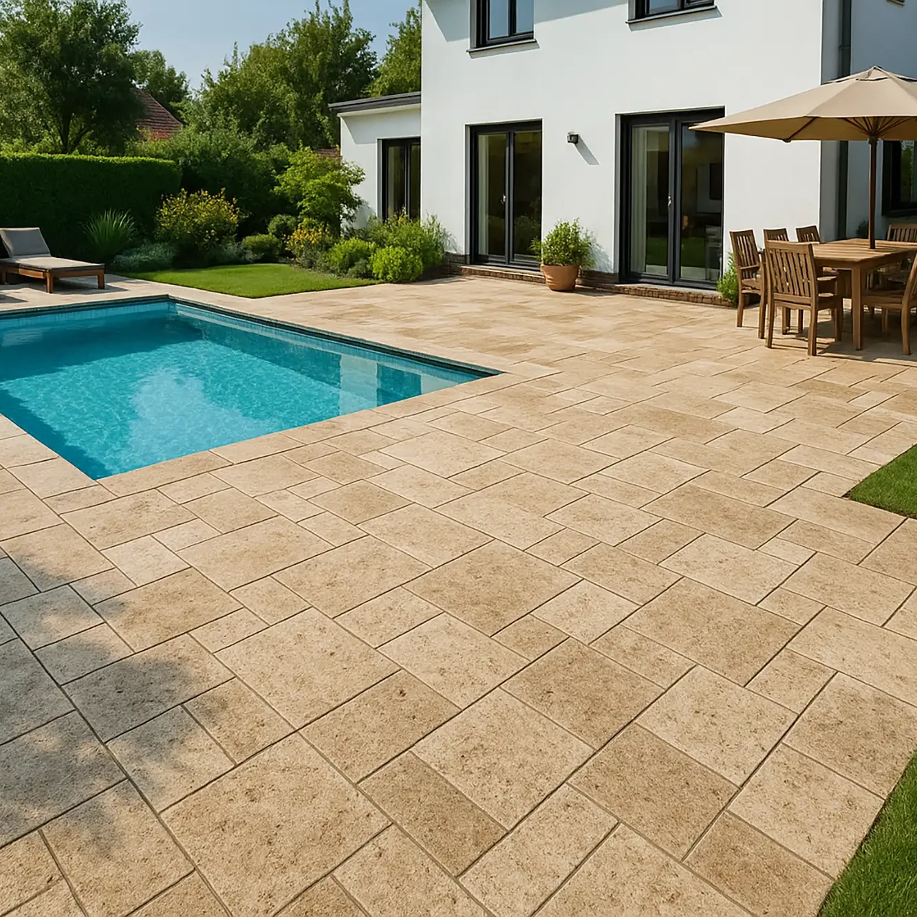 Terrasse mit Natursteinfliesen im Römischen Verband rund um Pool und Sitzbereich