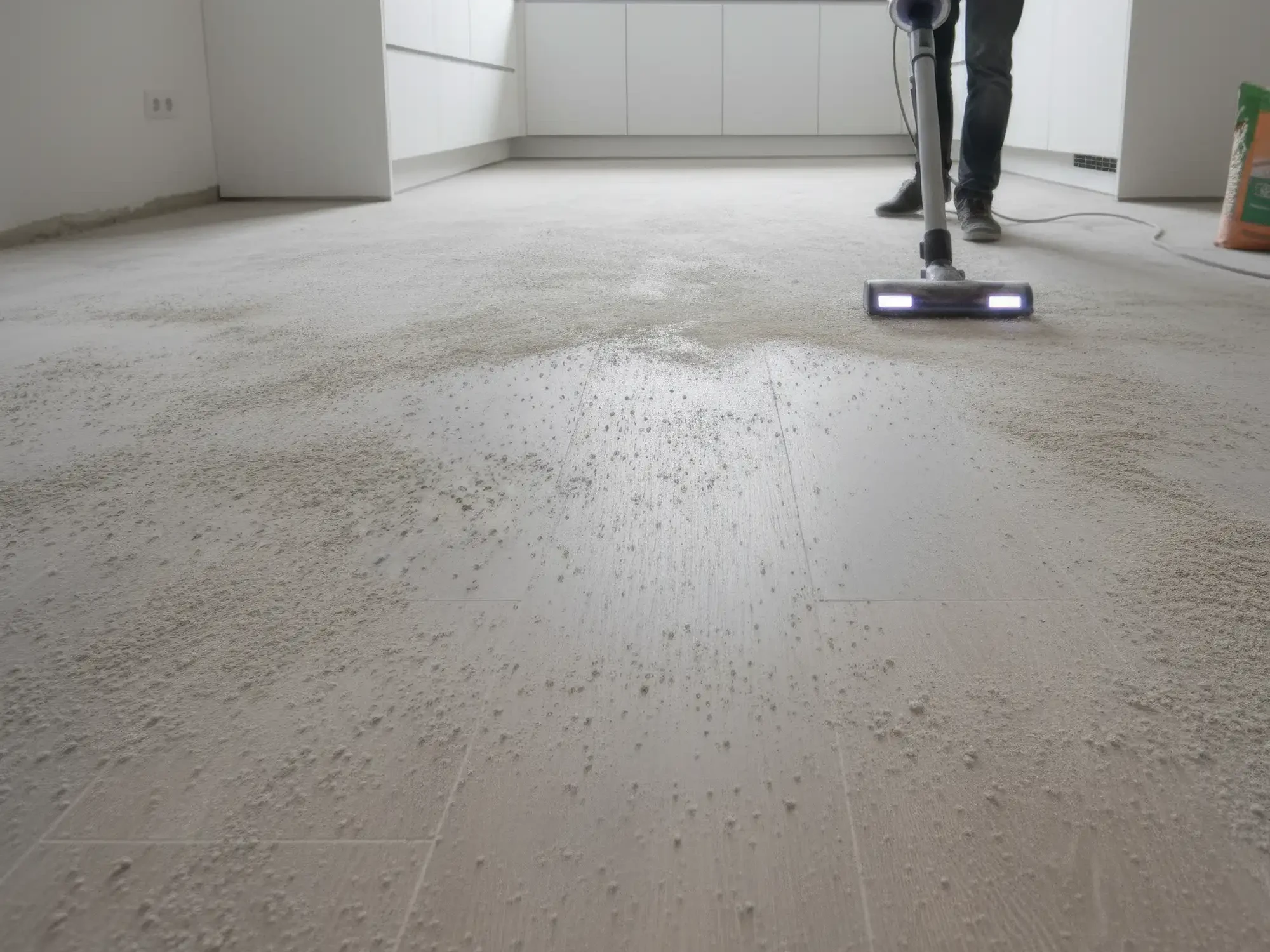 Person saugt Baustellenstaub und Zementschleierreste von Feinsteinzeugboden in moderner Küche ab