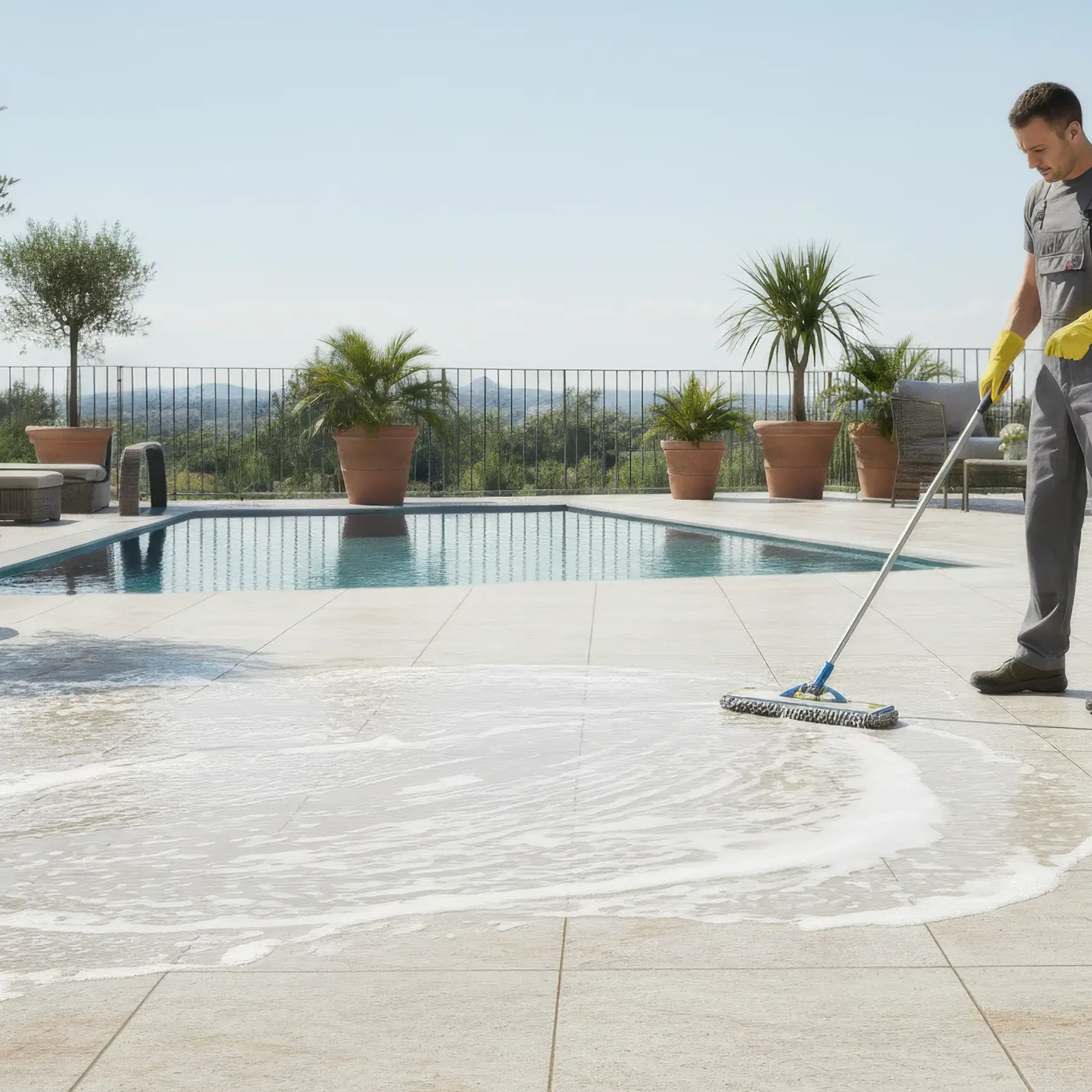 Person reinigt helle Feinsteinzeugfliesen auf einer Terrasse am Pool mit Schrubber und Reinigungsmittel