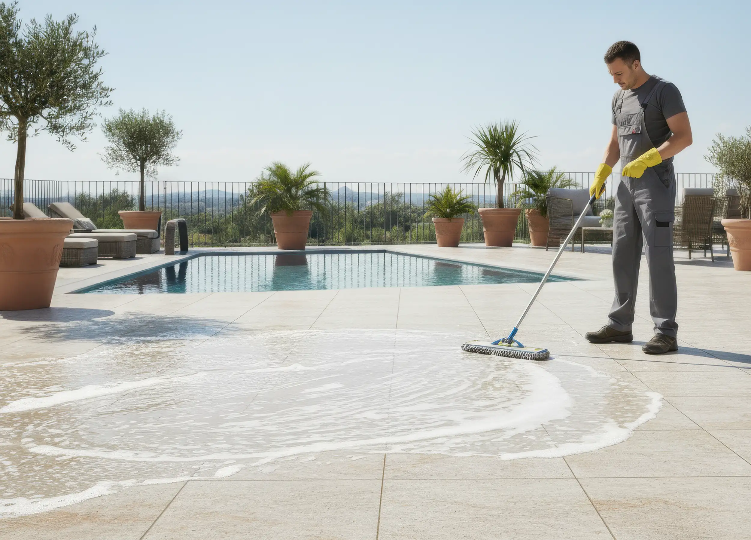 Person reinigt helle Feinsteinzeugfliesen auf einer Terrasse am Pool mit Schrubber und Reinigungsmittel