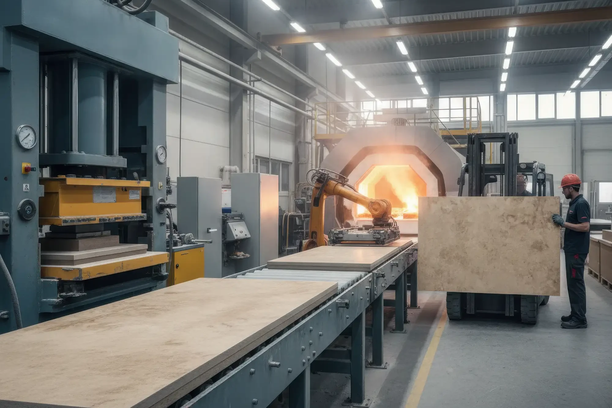 Herstellung von Keramikarbeitsplatten unter hohem Druck und extremer Hitze im Produktionsprozess