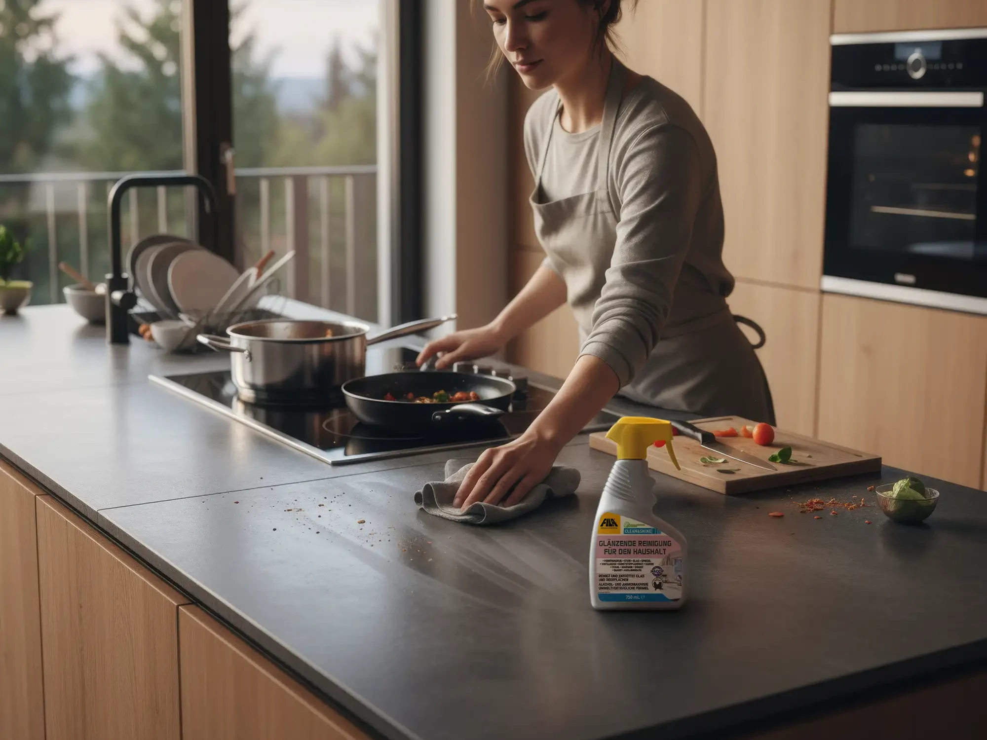 Frau reinigt eine moderne Keramikarbeitsplatte mit FILA CLEAN&SHINE in einer Küche