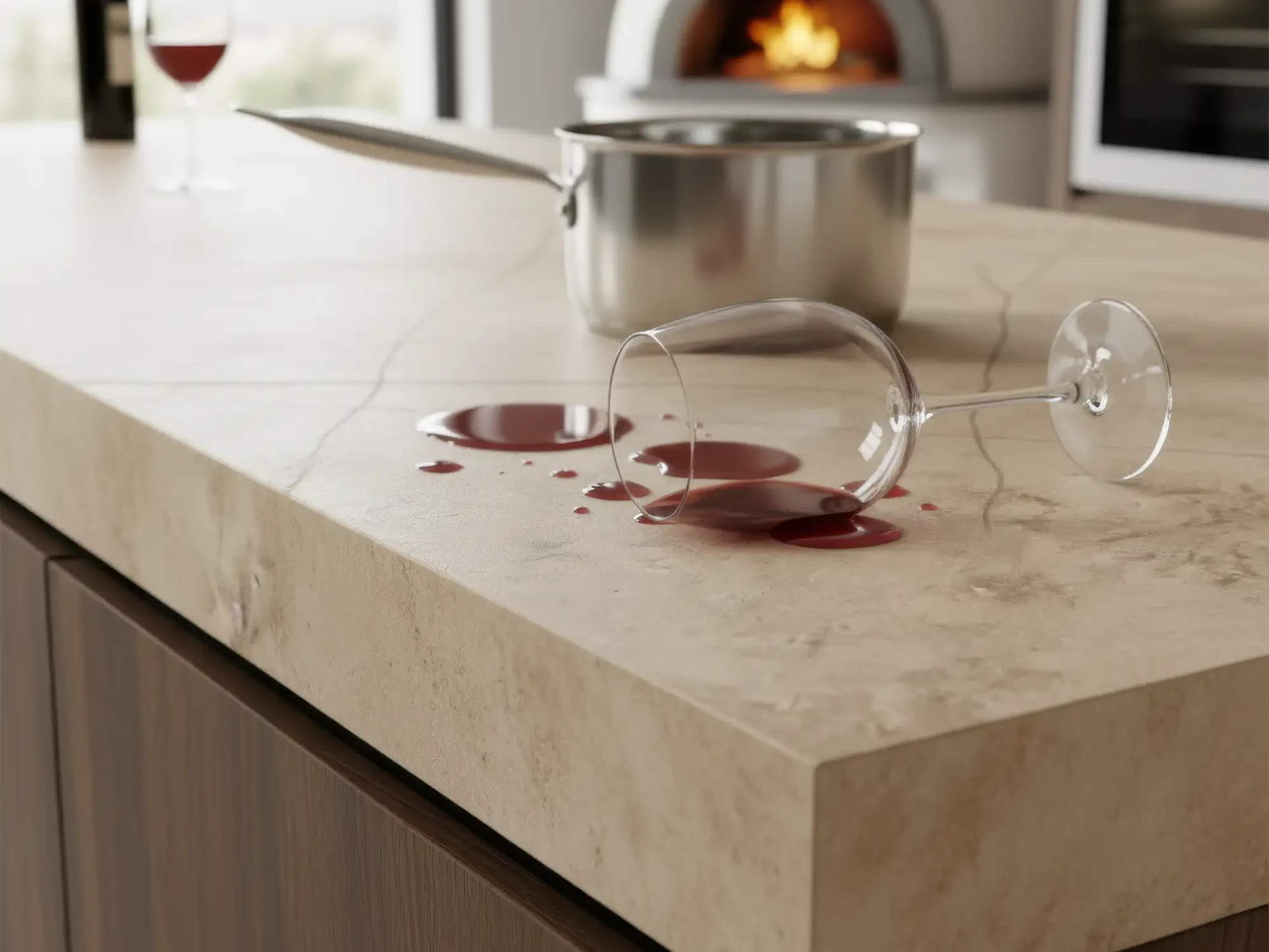 Verschütteter Rotwein auf einer hellen Keramikarbeitsplatte in moderner Küche