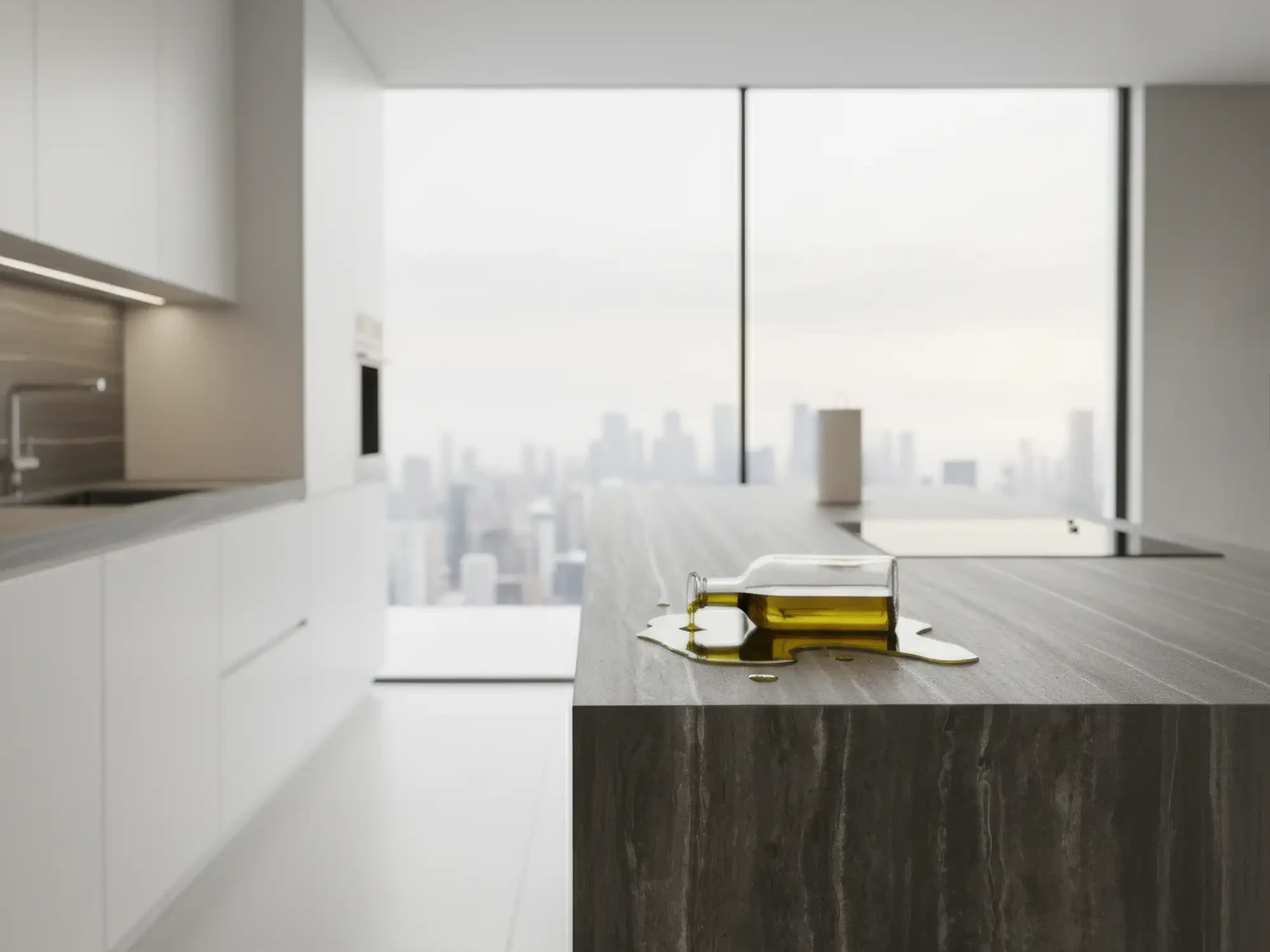 Dunkle Keramikarbeitsplatte in moderner Küche mit verschüttetem Öl auf der Oberfläche