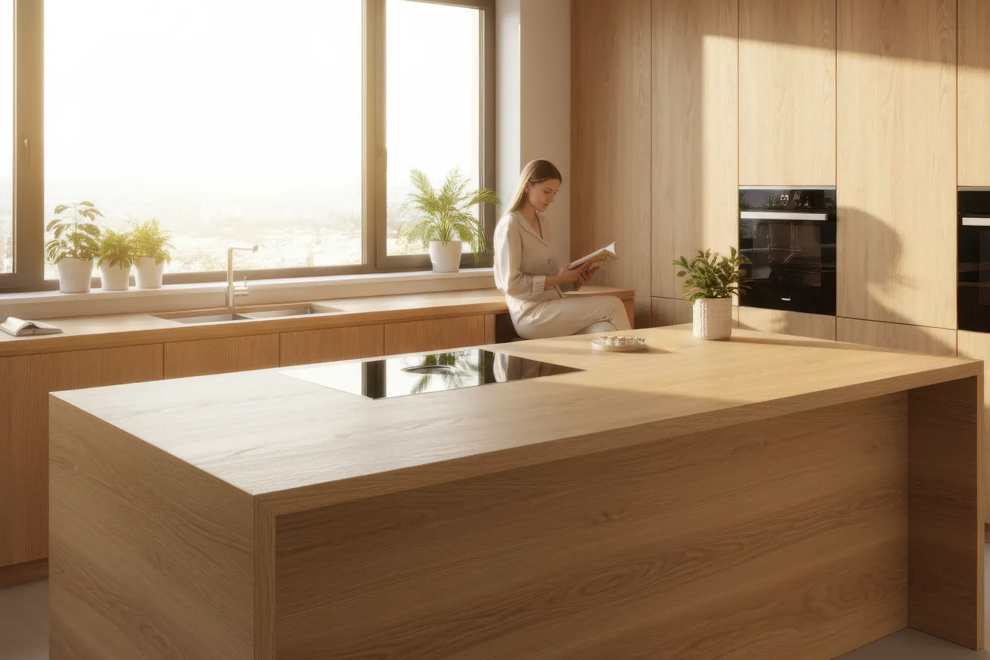 Moderne Küche mit großer Kochinsel und heller Keramikarbeitsplatte in Holzoptik bei Tageslicht