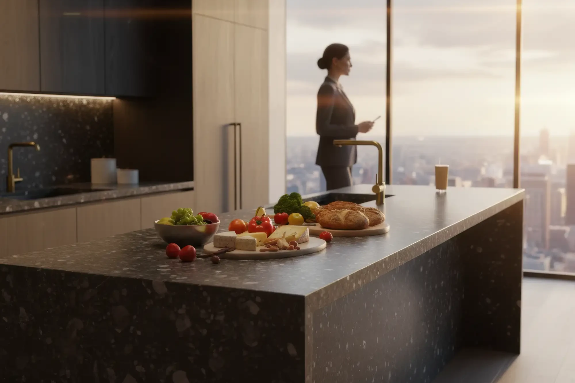 Dunkle moderne Küche mit großer Keramikarbeitsplatte und Stadtblick bei Sonnenuntergang