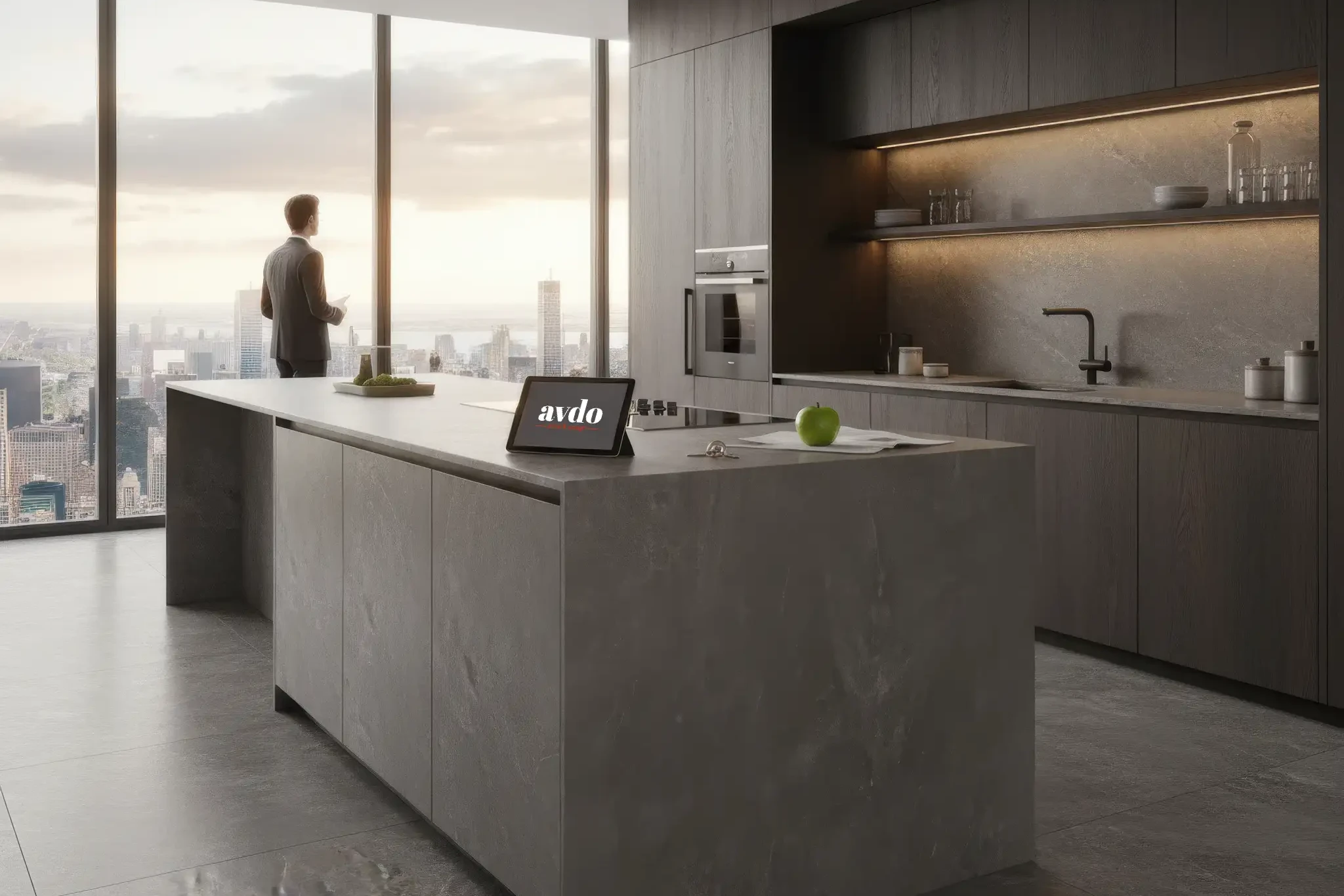 Moderne Designküche mit grauer Keramikarbeitsplatte und Panoramaausblick über die Stadt