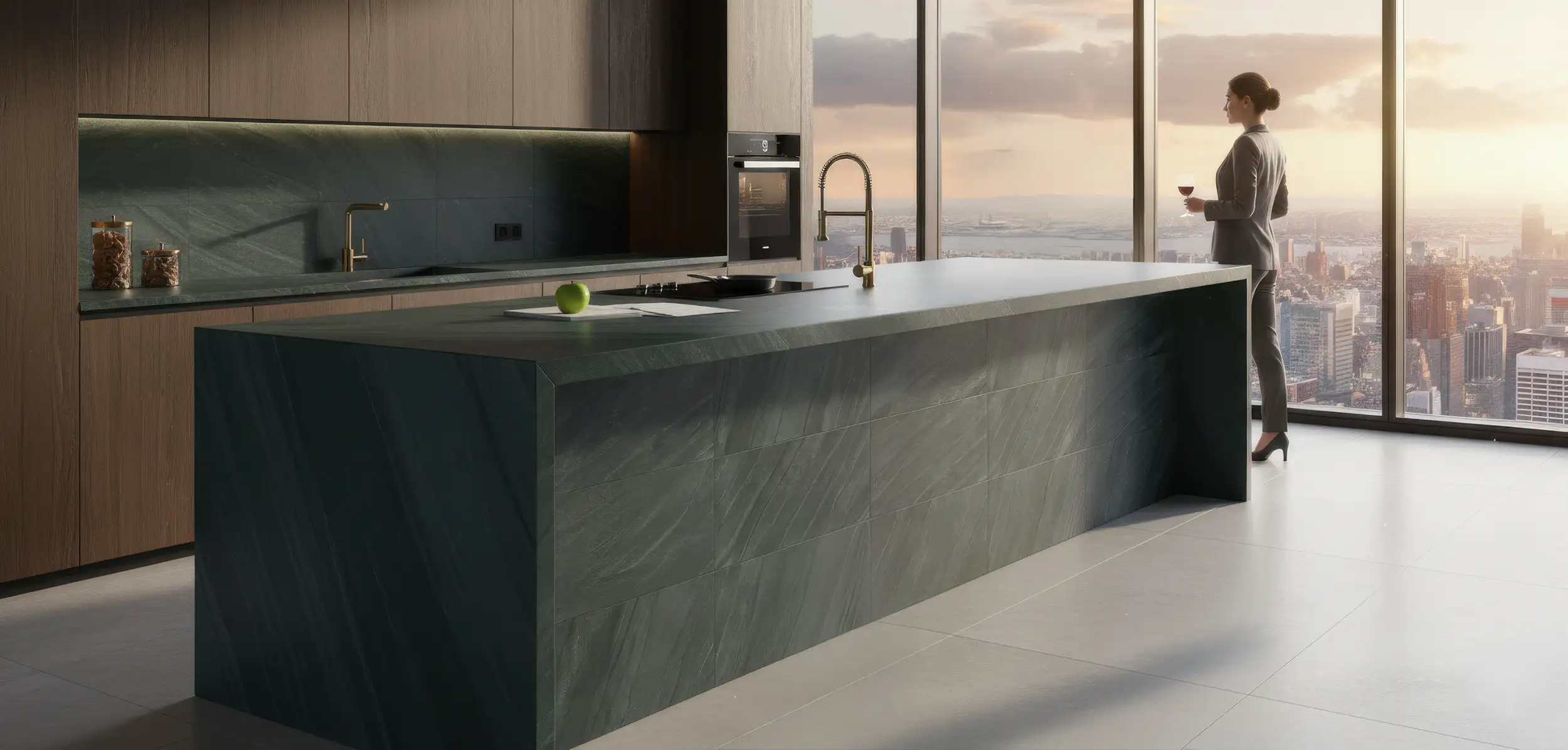 Moderne Designküche mit großer Keramikarbeitsplatte und Panoramablick über die Stadt