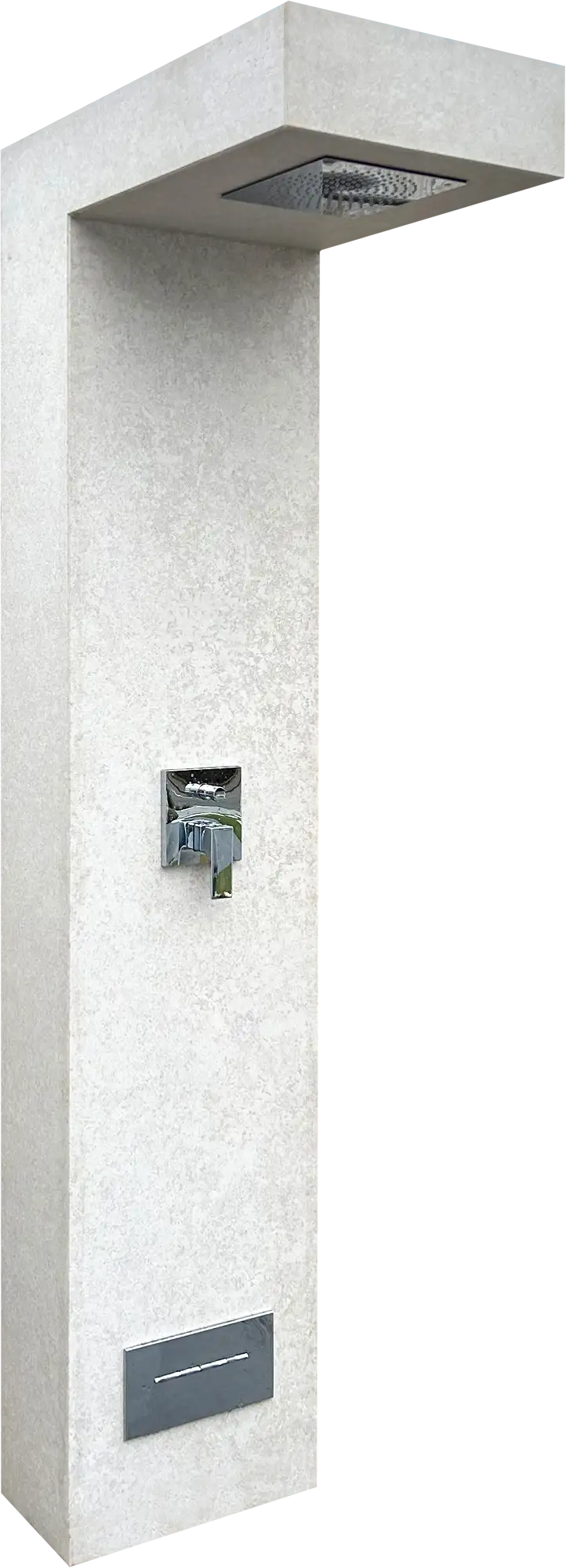Outdoordusche aus Naturstein Kanfanar mit verchromter Raindance Kopfbrause und eleganter Armatur im modernen Design