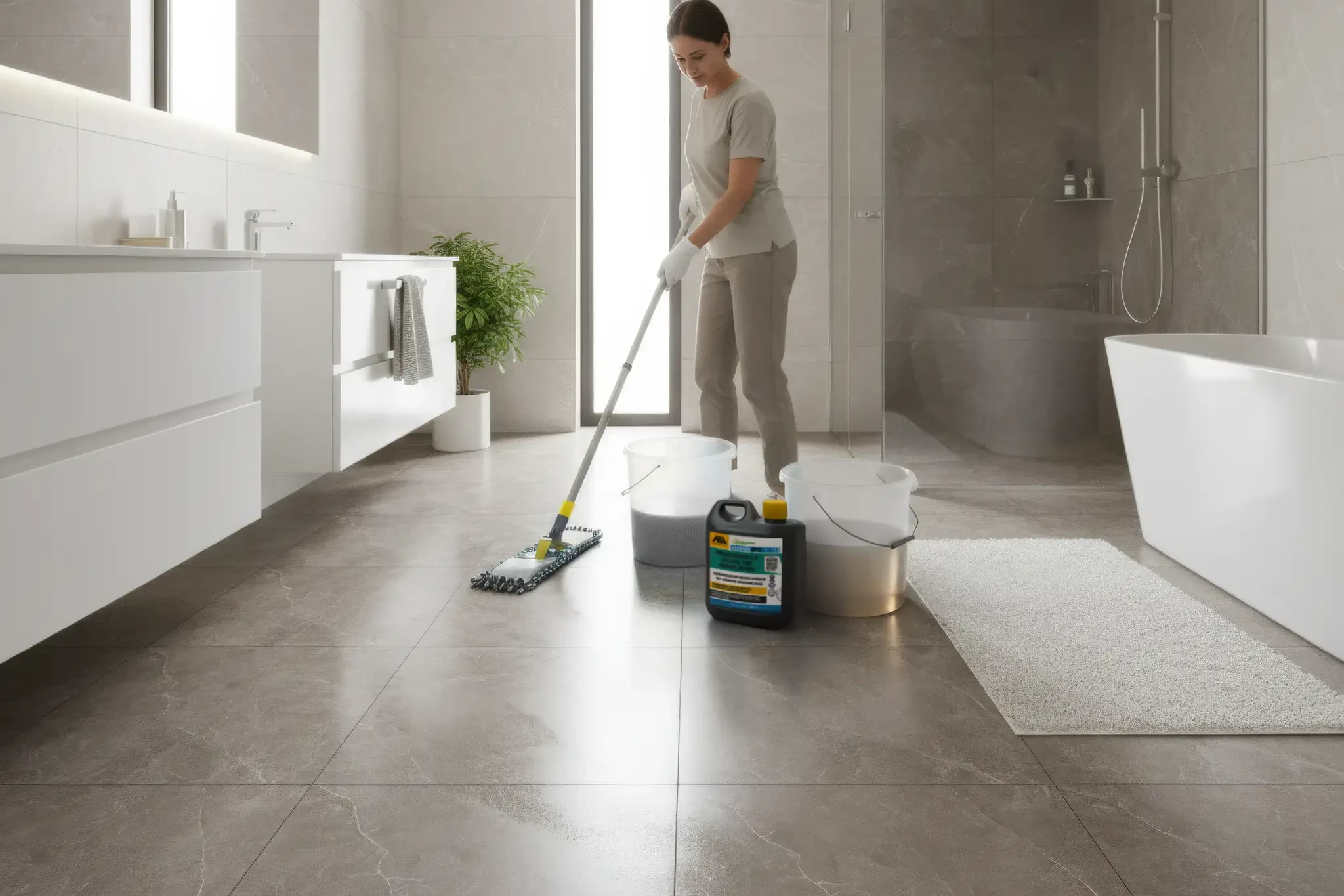 Frau reinigt graue Feinsteinzeugfliesen im Badezimmer mit FILA CLEANER PRO und Zwei-Eimer-System