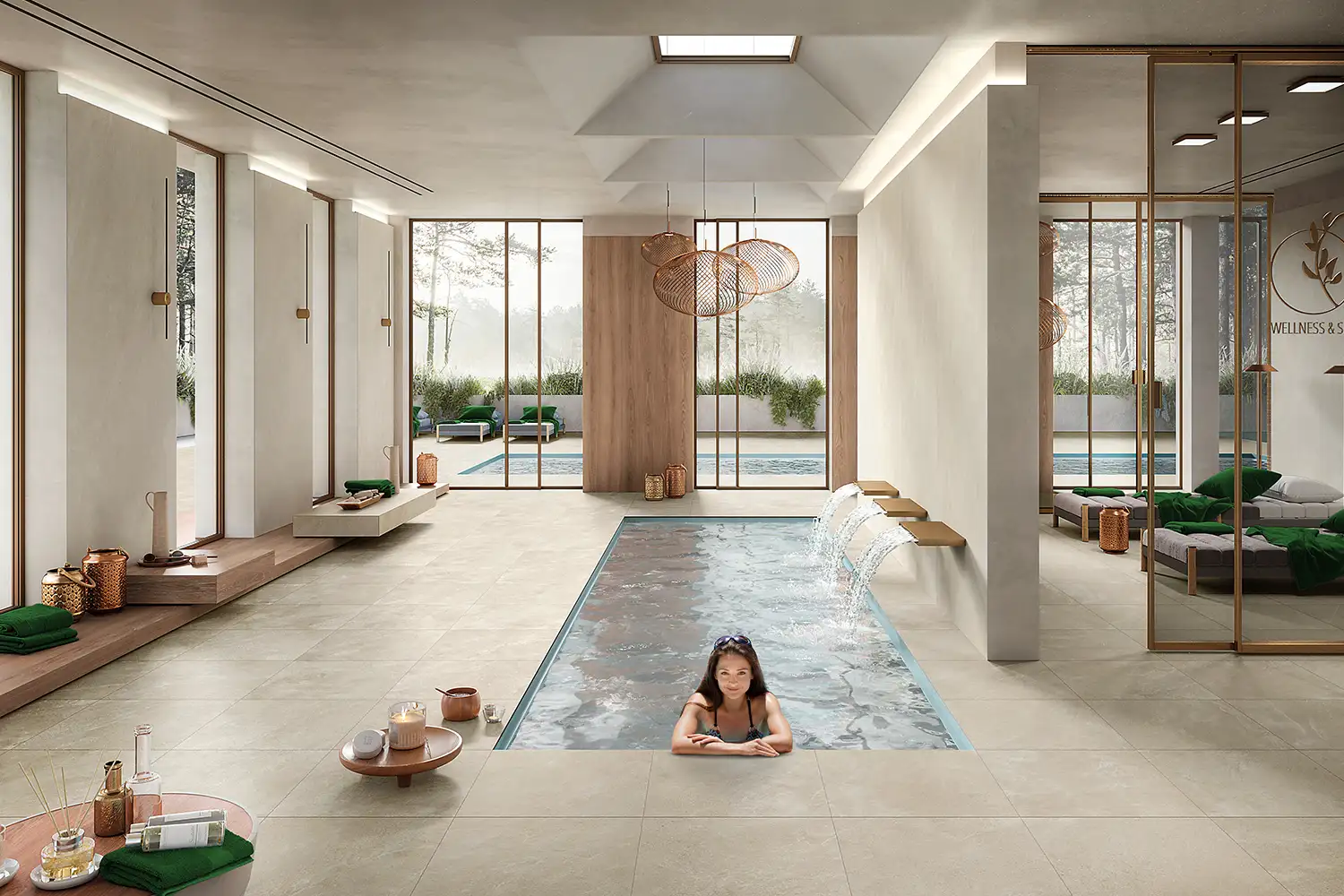 Moderner Wellnessbereich mit Pool und großformatigen Keramikfliesen in heller Farbgebung