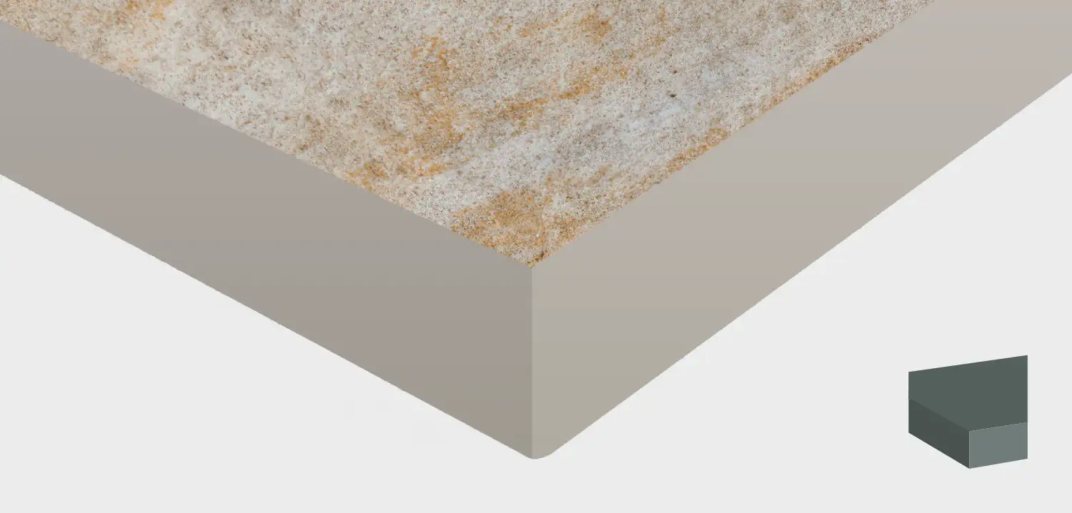 Detailansicht Keramikplatte Sandsteinoptik mit gerader, geschliffener und gefaster Kante sowie Querschnitt-Icon zur Kantenform