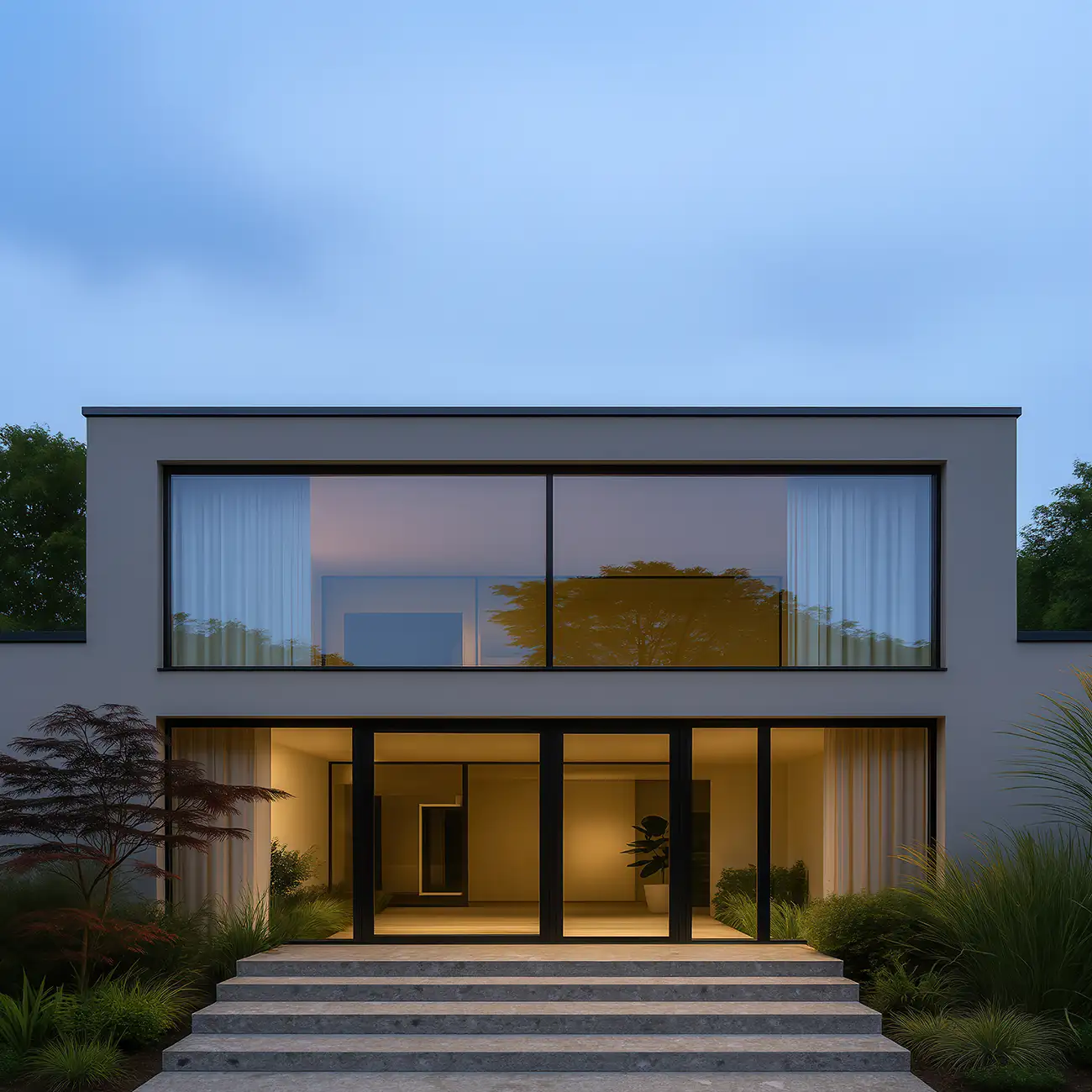 Modernes Flachdachhaus in der Abendd&auml;mmerung mit breiter Eingangsfreitreppe aus hellgrauen Keramikplatten, Panoramaverglasung und Gartengestaltung