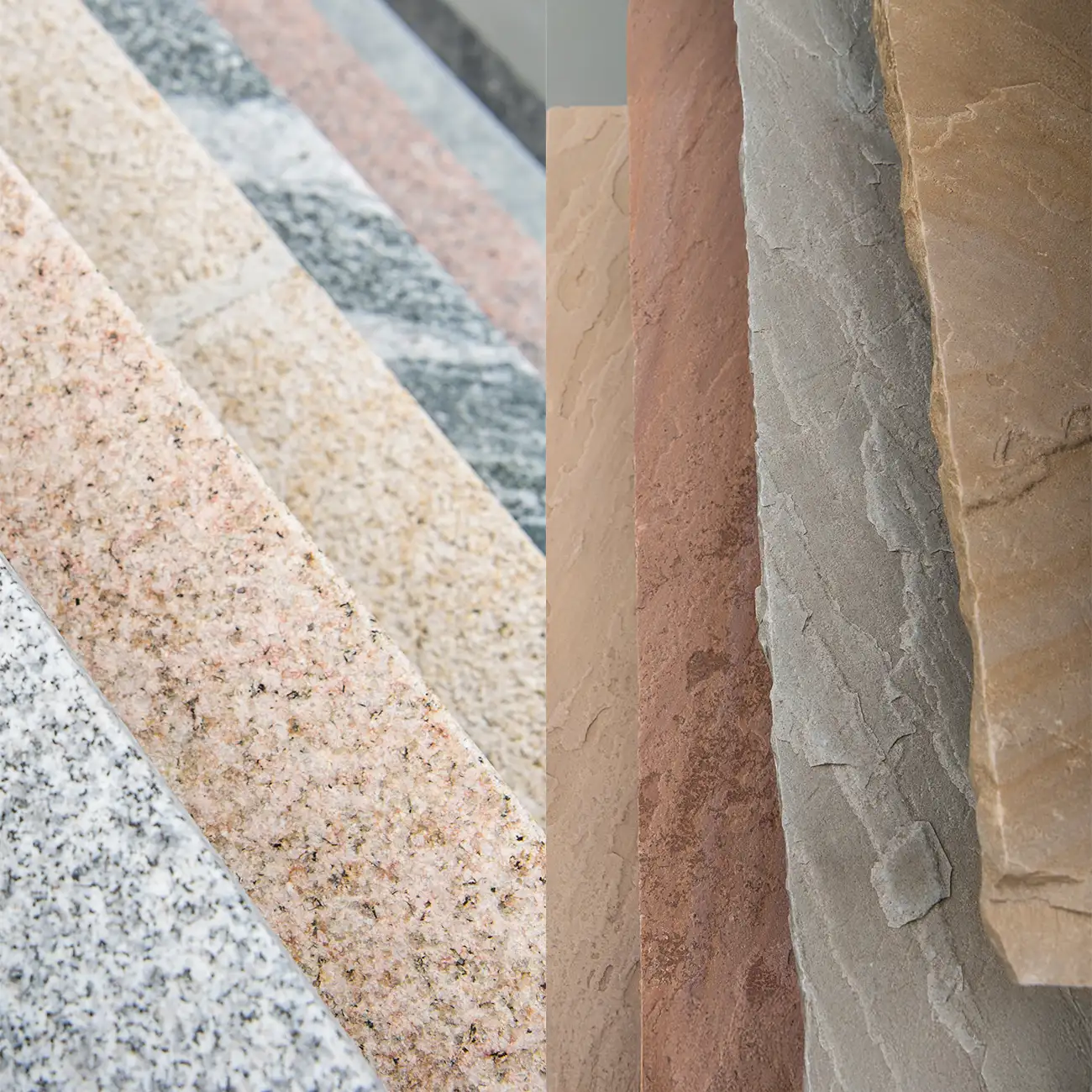 Bodenplatten aus Naturstein in verschiedenen Farben und Oberfl&auml;chen