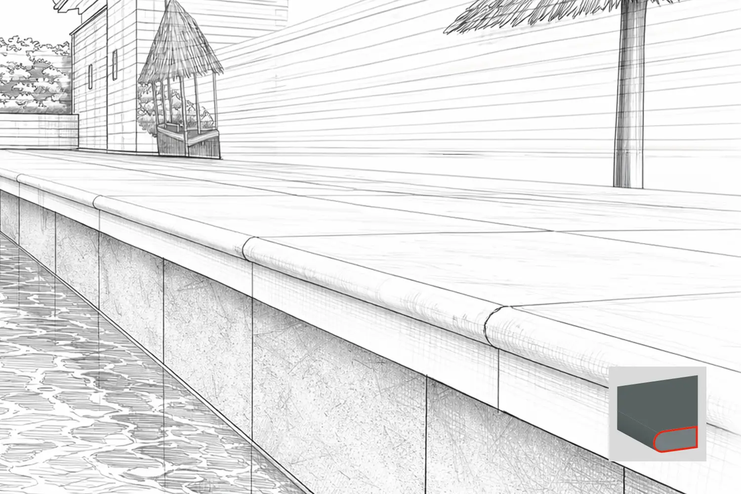 Technische Zeichnung einer Poolumrandung mit Halbrundstab aus Naturstein