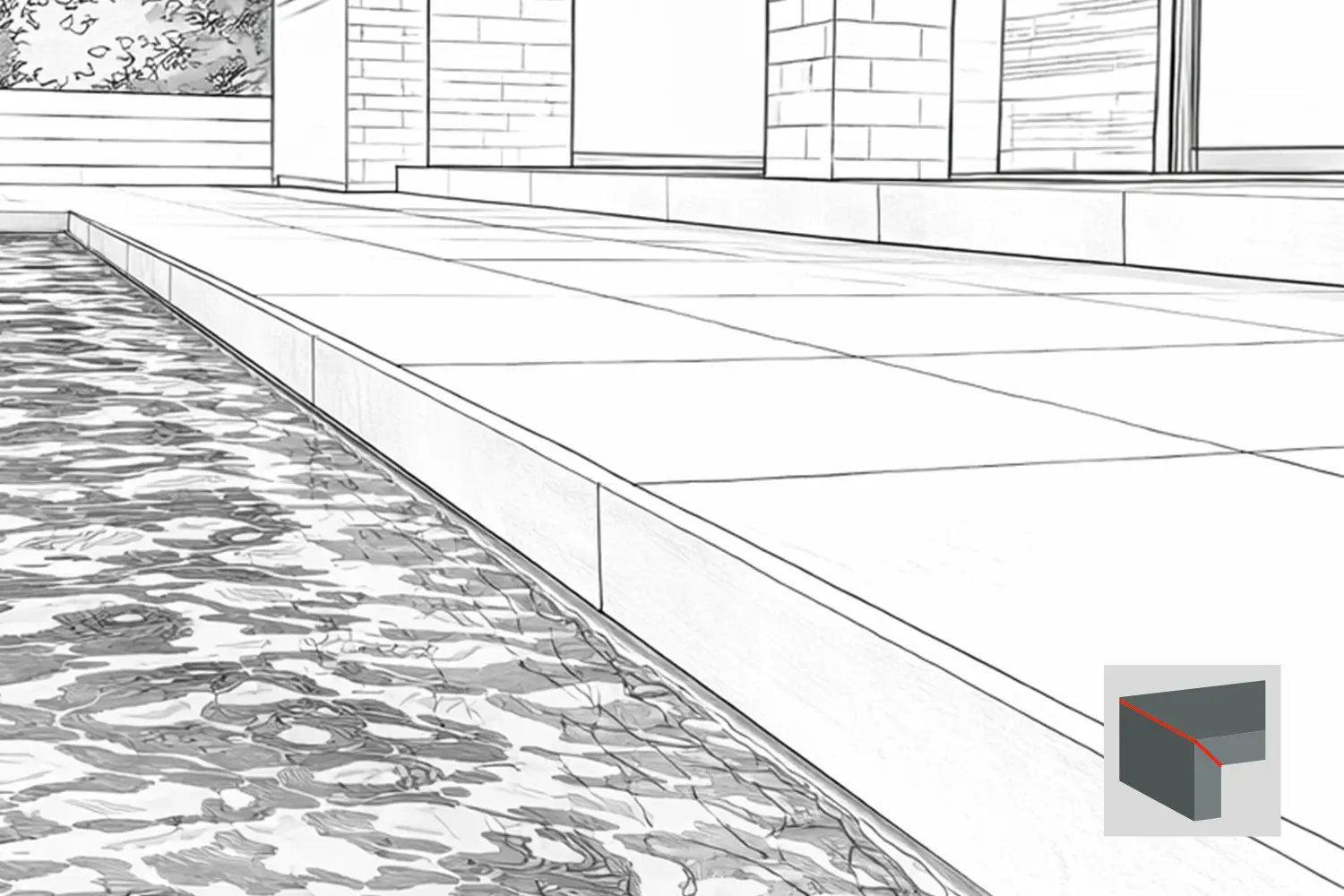 Technische Zeichnung einer Poolumrandung aus Naturstein in Massivoptik