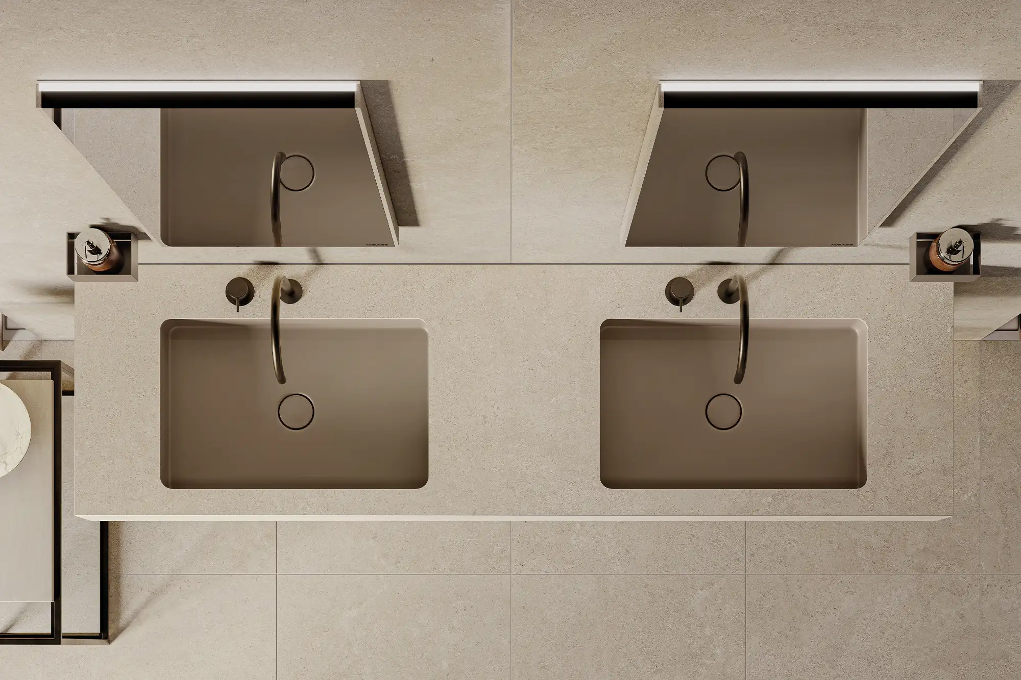 Moderner Doppelwaschtisch in heller Steinoptik mit zwei integrierten Becken, Armaturen, beleuchteten Spiegeln und hochwertiger Badgestaltung