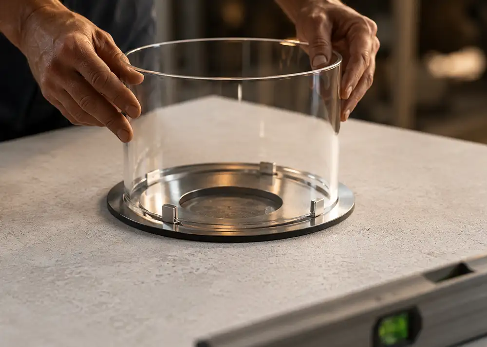 Handwerker setzt Glaszylinder auf Edelstahl-Brennereinsatz eines Kamintischs aus Kanfanar-Kalkstein.