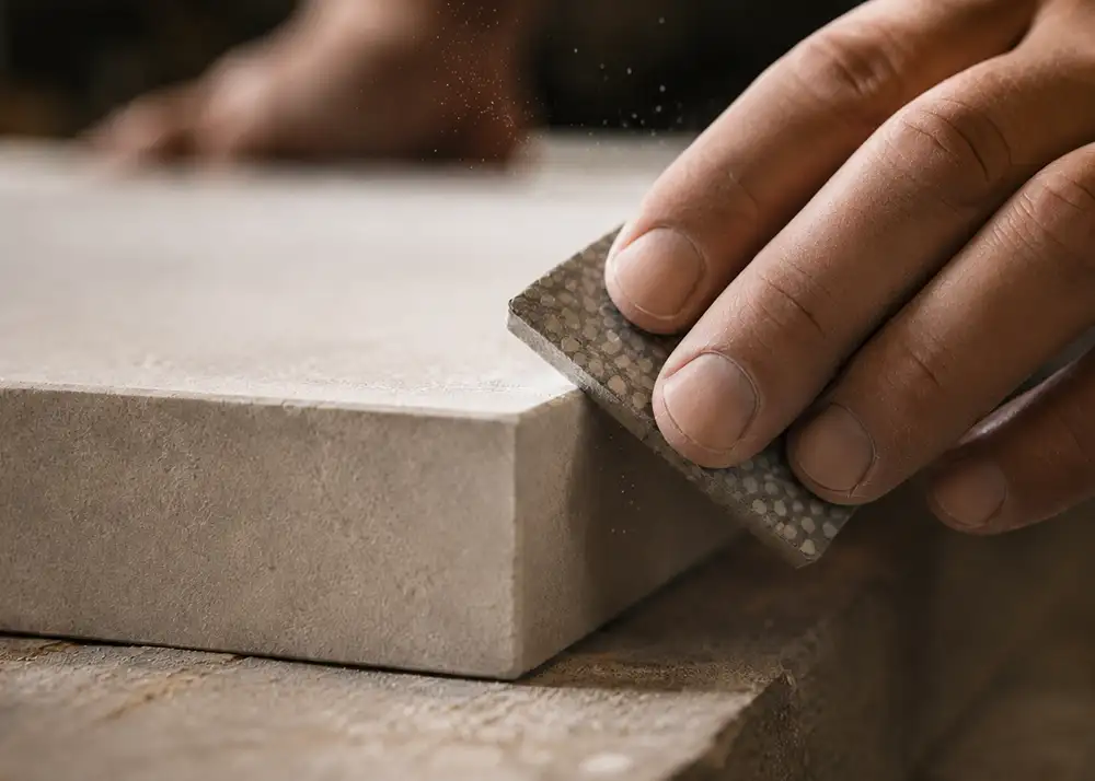 Steinmetz faset die Kante einer Kanfanar-Kalksteinplatte mit einem Diamant-Handschleifpad.